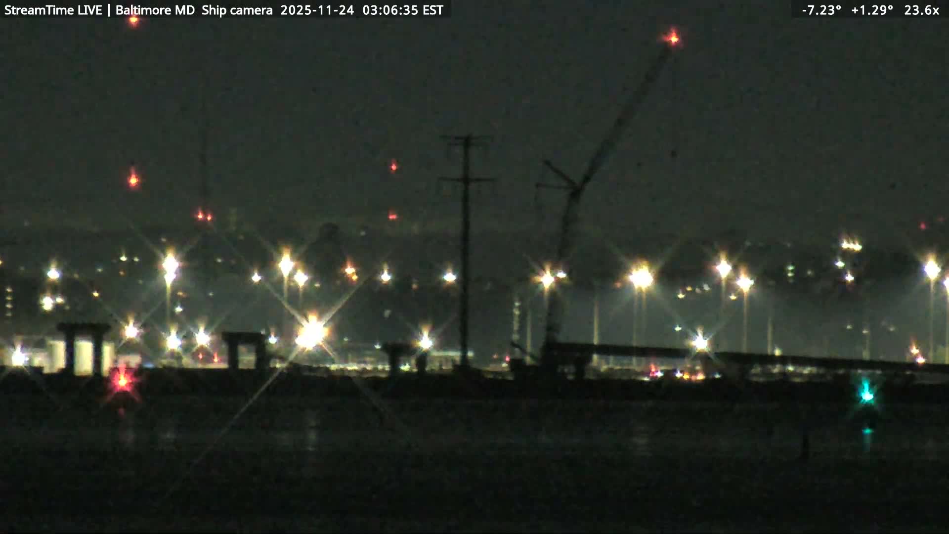 A hazy nighttime scene reveals a waterfront or industrial area characterized by numerous bright, starburst streetlights and distant city lights, silhouetted cranes and power poles, and prominent red and green navigation markers.