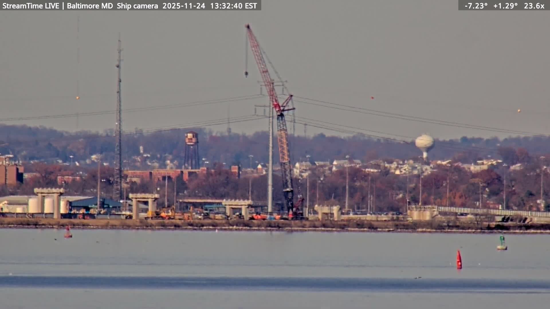 Baltimore Silhouette & Brandon Shores Power Plant Pier  from Fort Smallwood Park Live Cam - Pasadena, Anne Arundel, Maryland, USA