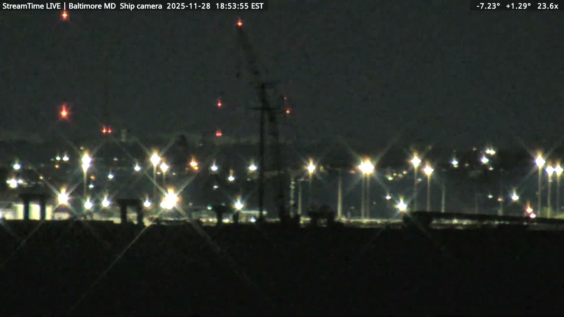 Baltimore Silhouette & Brandon Shores Power Plant Pier  from Fort Smallwood Park Live Cam - Pasadena, Anne Arundel, Maryland, USA