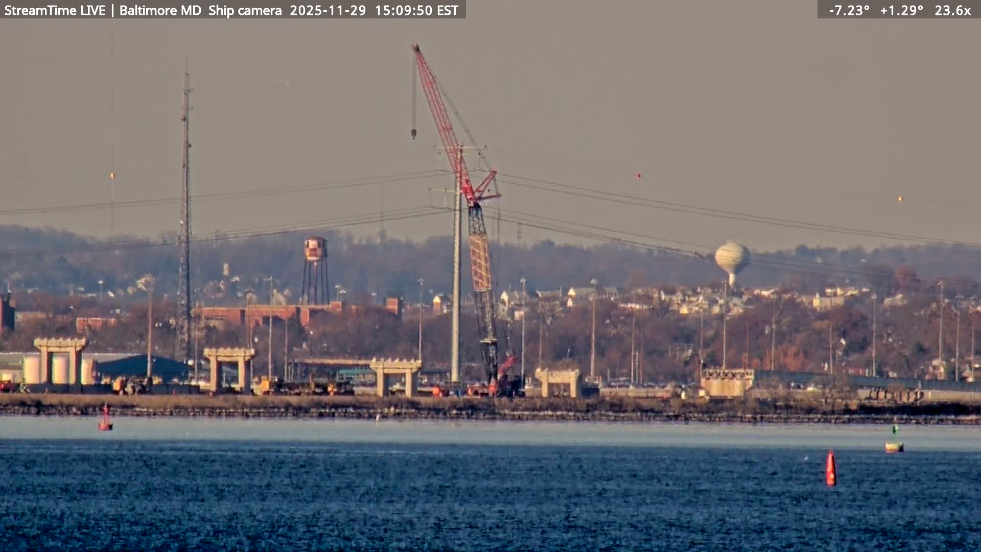 Baltimore Silhouette & Brandon Shores Power Plant Pier  from Fort Smallwood Park Live Cam - Pasadena, Anne Arundel, Maryland, USA
