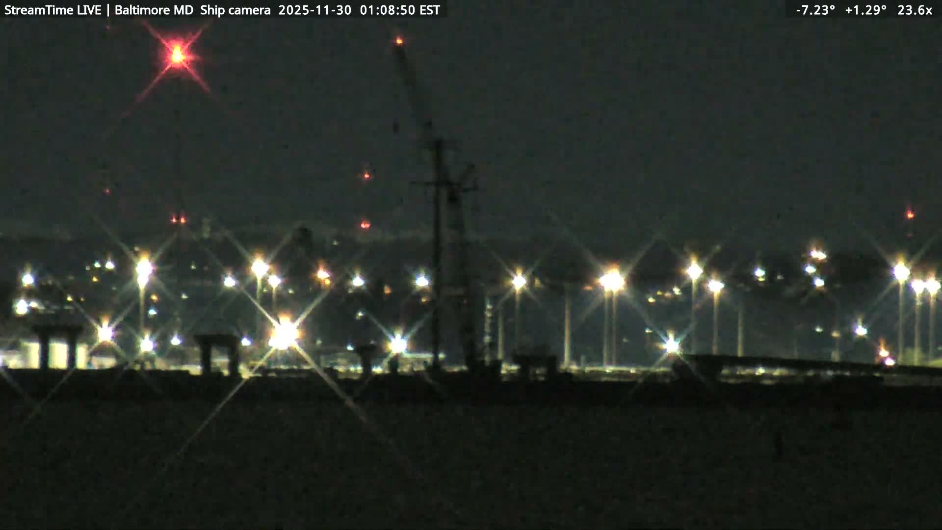 Baltimore Silhouette & Brandon Shores Power Plant Pier  from Fort Smallwood Park Live Cam - Pasadena, Anne Arundel, Maryland, USA