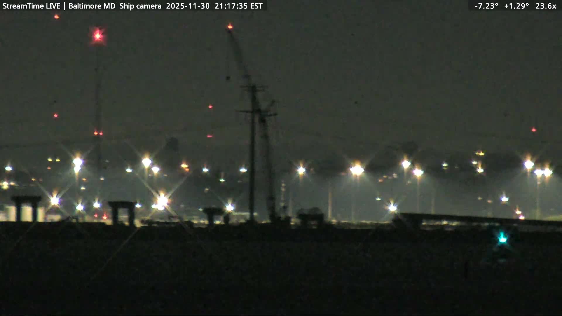 Baltimore Silhouette & Brandon Shores Power Plant Pier  from Fort Smallwood Park Live Cam - Pasadena, Anne Arundel, Maryland, USA