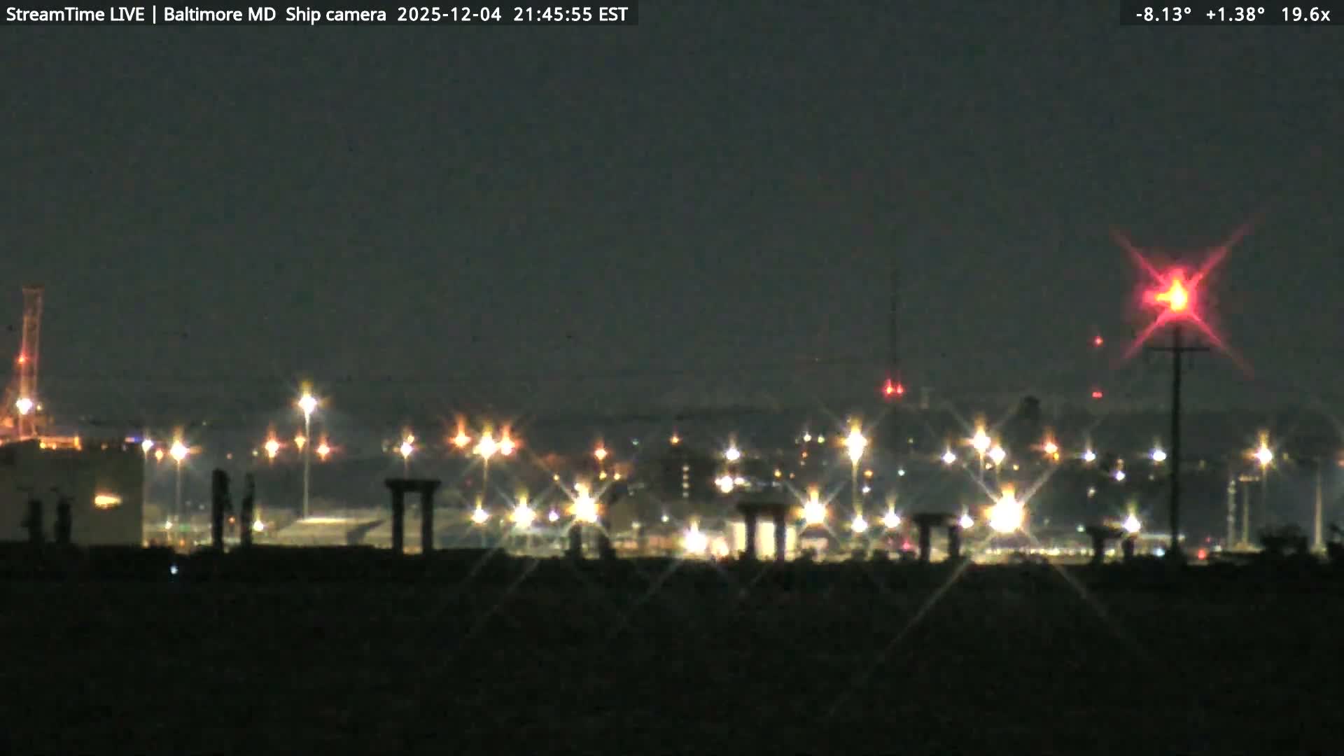 Baltimore Silhouette & Brandon Shores Power Plant Pier  from Fort Smallwood Park Live Cam - Pasadena, Anne Arundel, Maryland, USA