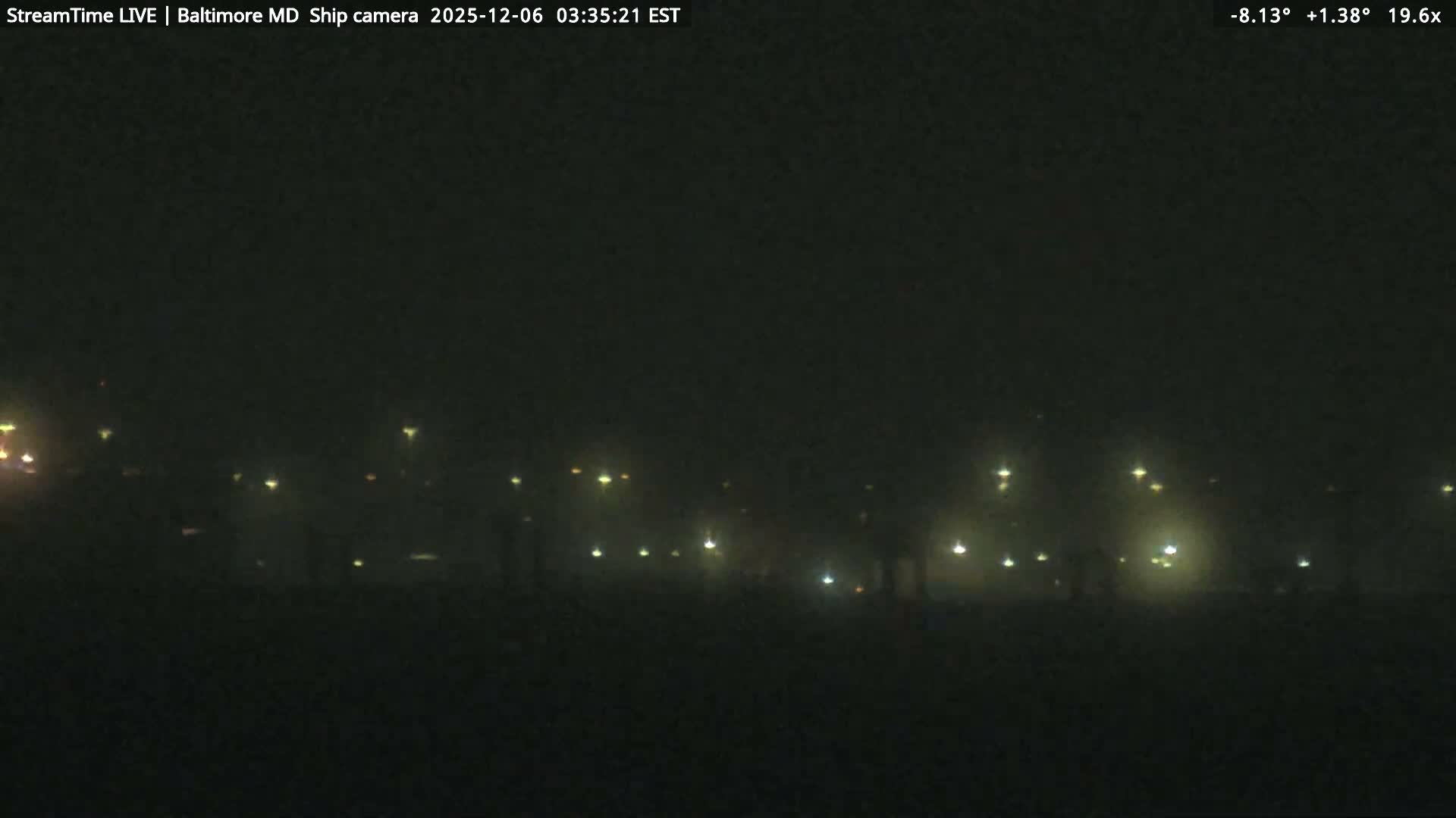 The image shows a dark, foggy nighttime scene with distant, blurry lights from what appears to be a city or port along a waterfront.