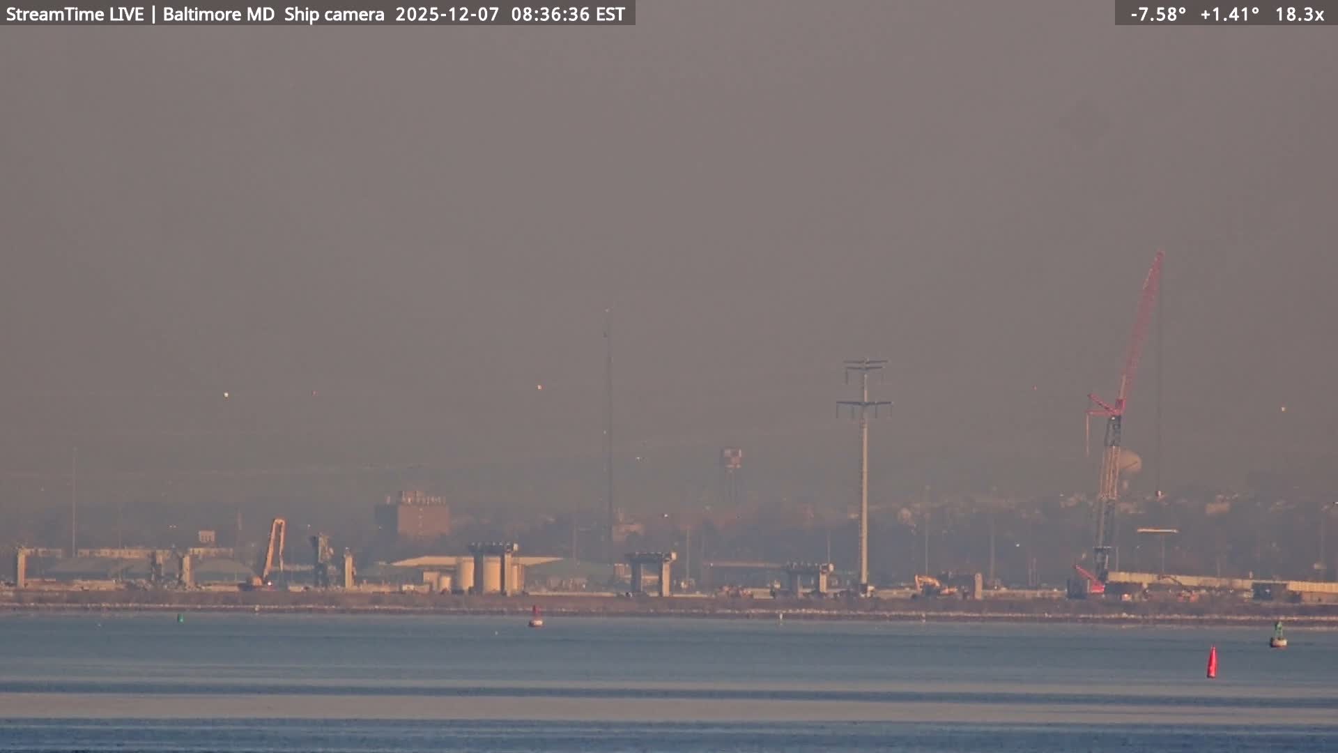 Baltimore Silhouette & Brandon Shores Power Plant Pier  from Fort Smallwood Park Live Cam - Pasadena, Anne Arundel, Maryland, USA
