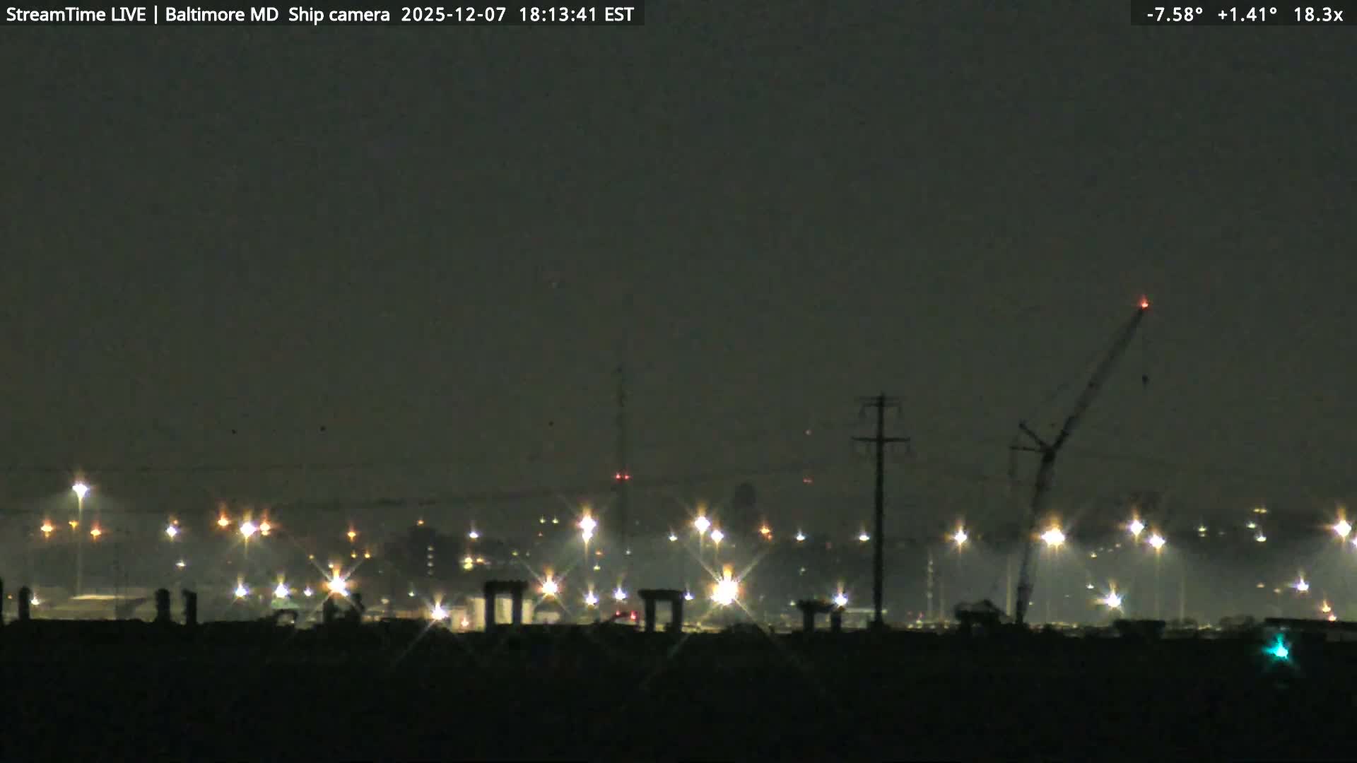 Baltimore Silhouette & Brandon Shores Power Plant Pier  from Fort Smallwood Park Live Cam - Pasadena, Anne Arundel, Maryland, USA