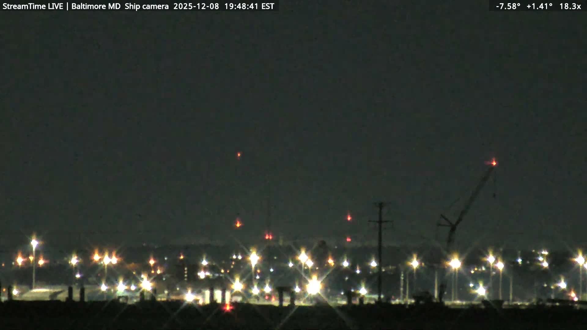 Baltimore Silhouette & Brandon Shores Power Plant Pier  from Fort Smallwood Park Live Cam - Pasadena, Anne Arundel, Maryland, USA