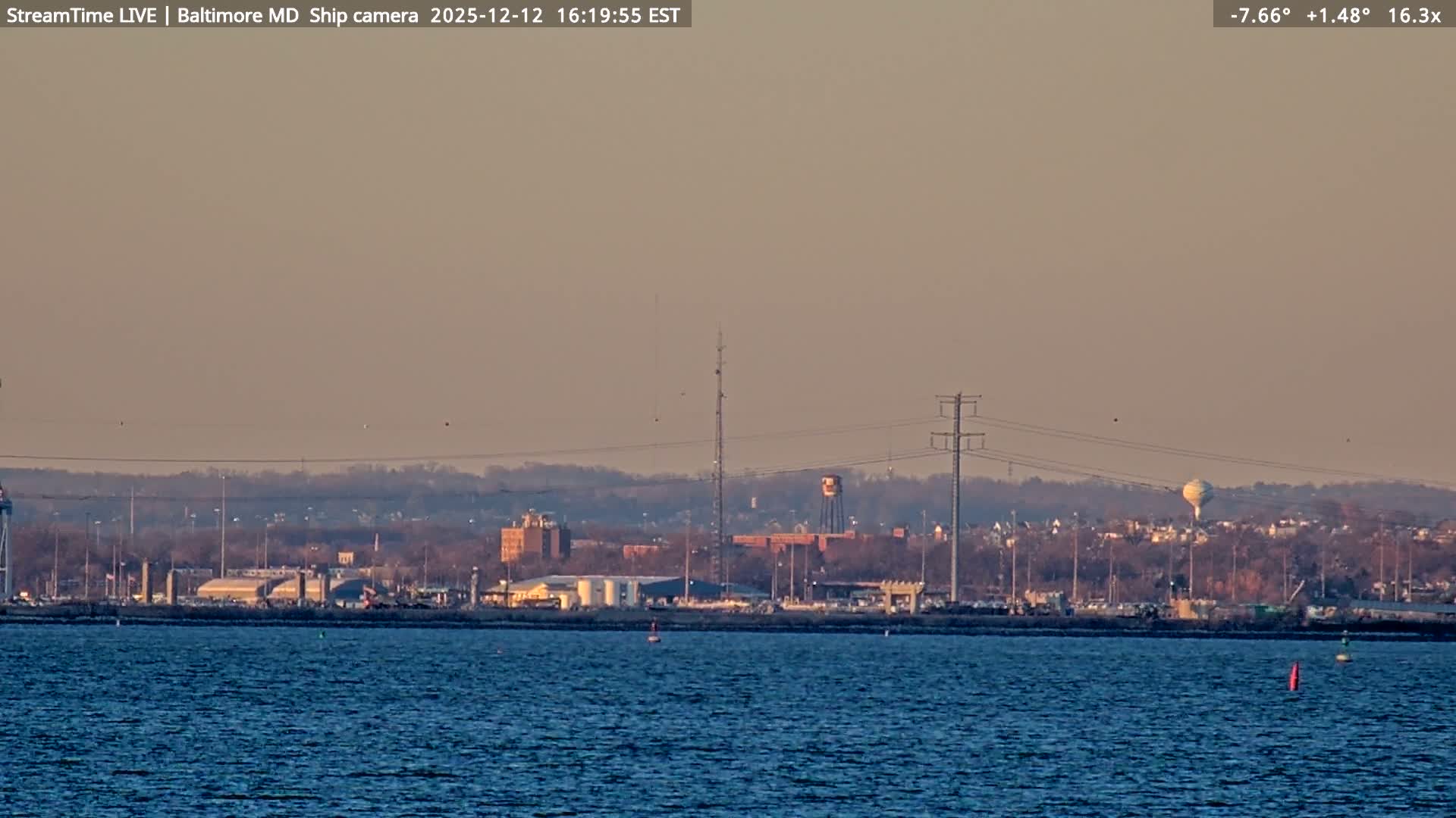 Baltimore Silhouette & Brandon Shores Power Plant Pier  from Fort Smallwood Park Live Cam - Pasadena, Anne Arundel, Maryland, USA
