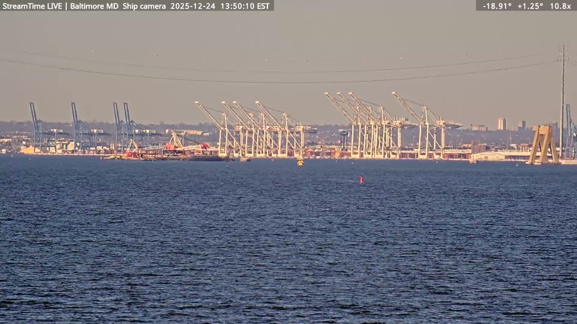 Baltimore Silhouette & Brandon Shores Power Plant Pier  from Fort Smallwood Park Live Cam - Pasadena, Anne Arundel, Maryland, USA