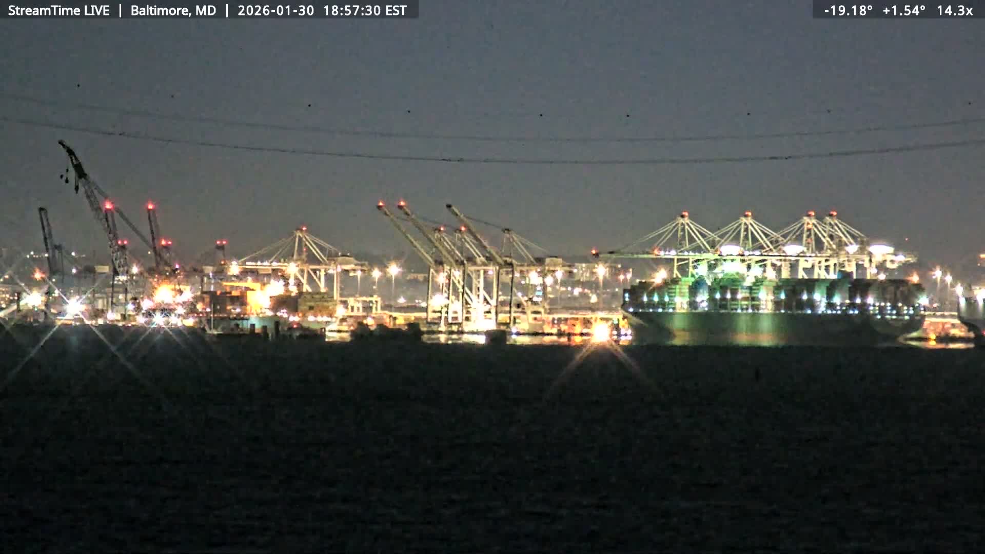 Baltimore Silhouette & Brandon Shores Power Plant Pier  from Fort Smallwood Park Live Cam - Pasadena, Anne Arundel, Maryland, USA
