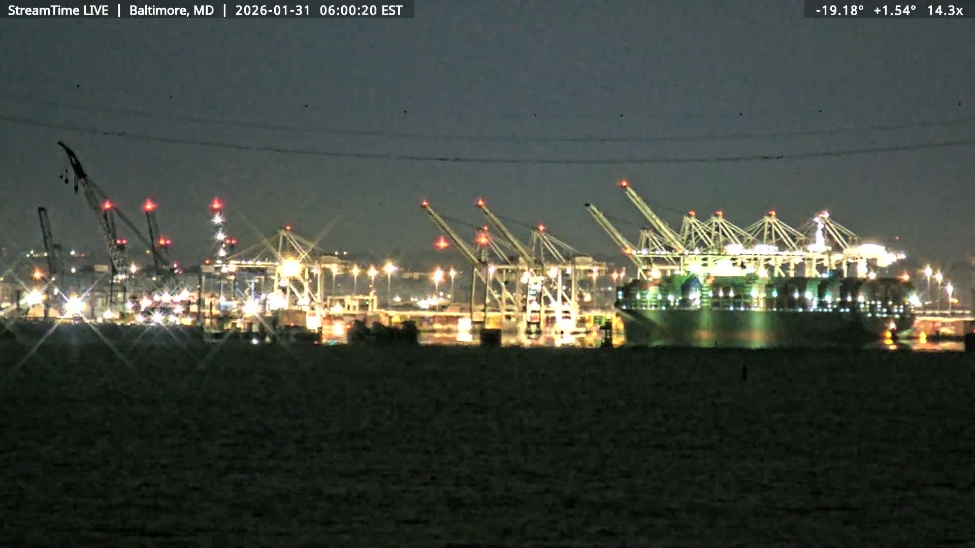 Baltimore Silhouette & Brandon Shores Power Plant Pier  from Fort Smallwood Park Live Cam - Pasadena, Anne Arundel, Maryland, USA