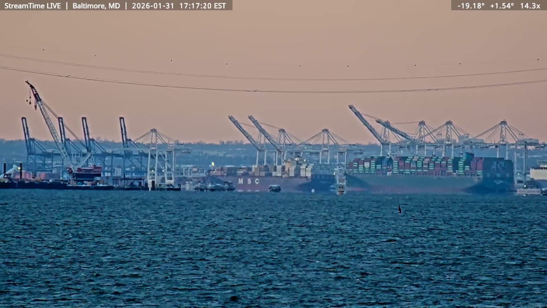 Baltimore Silhouette & Brandon Shores Power Plant Pier  from Fort Smallwood Park Live Cam - Pasadena, Anne Arundel, Maryland, USA