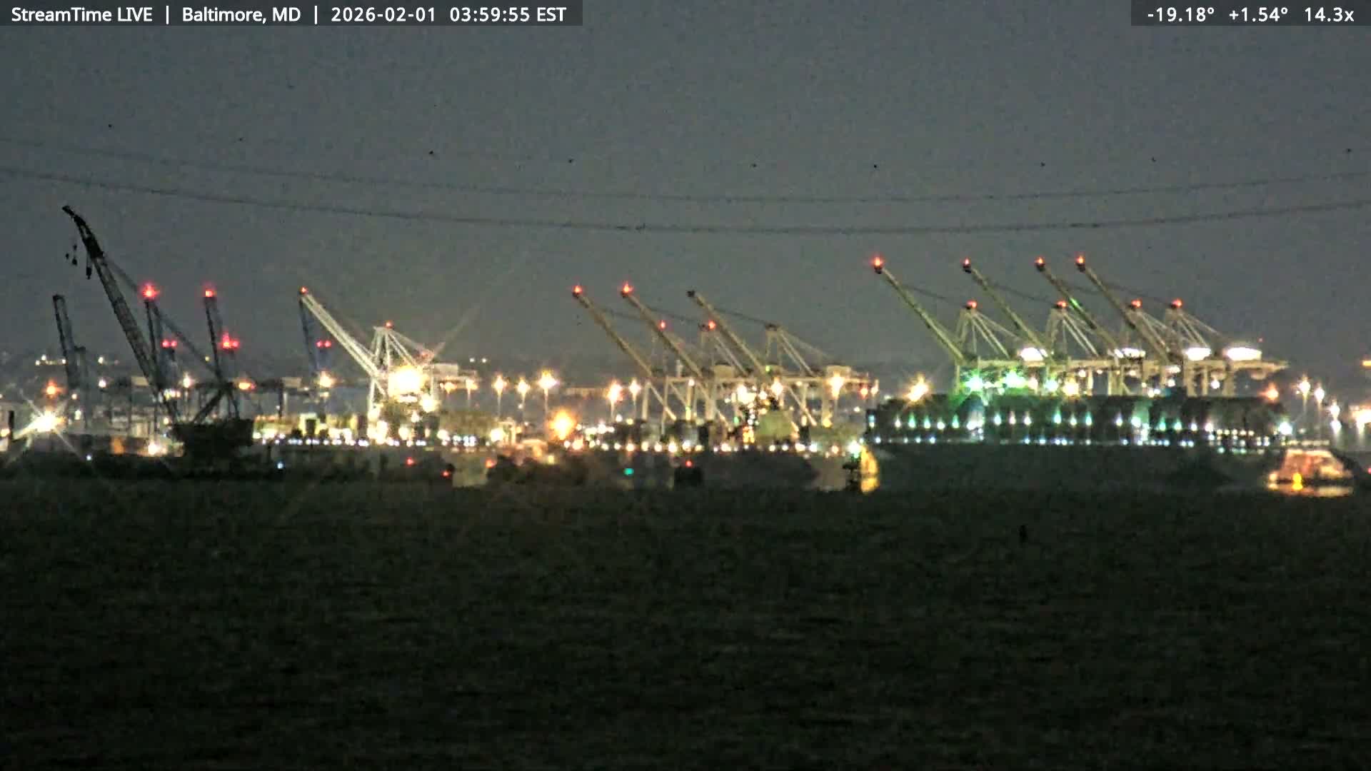 Baltimore Silhouette & Brandon Shores Power Plant Pier  from Fort Smallwood Park Live Cam - Pasadena, Anne Arundel, Maryland, USA