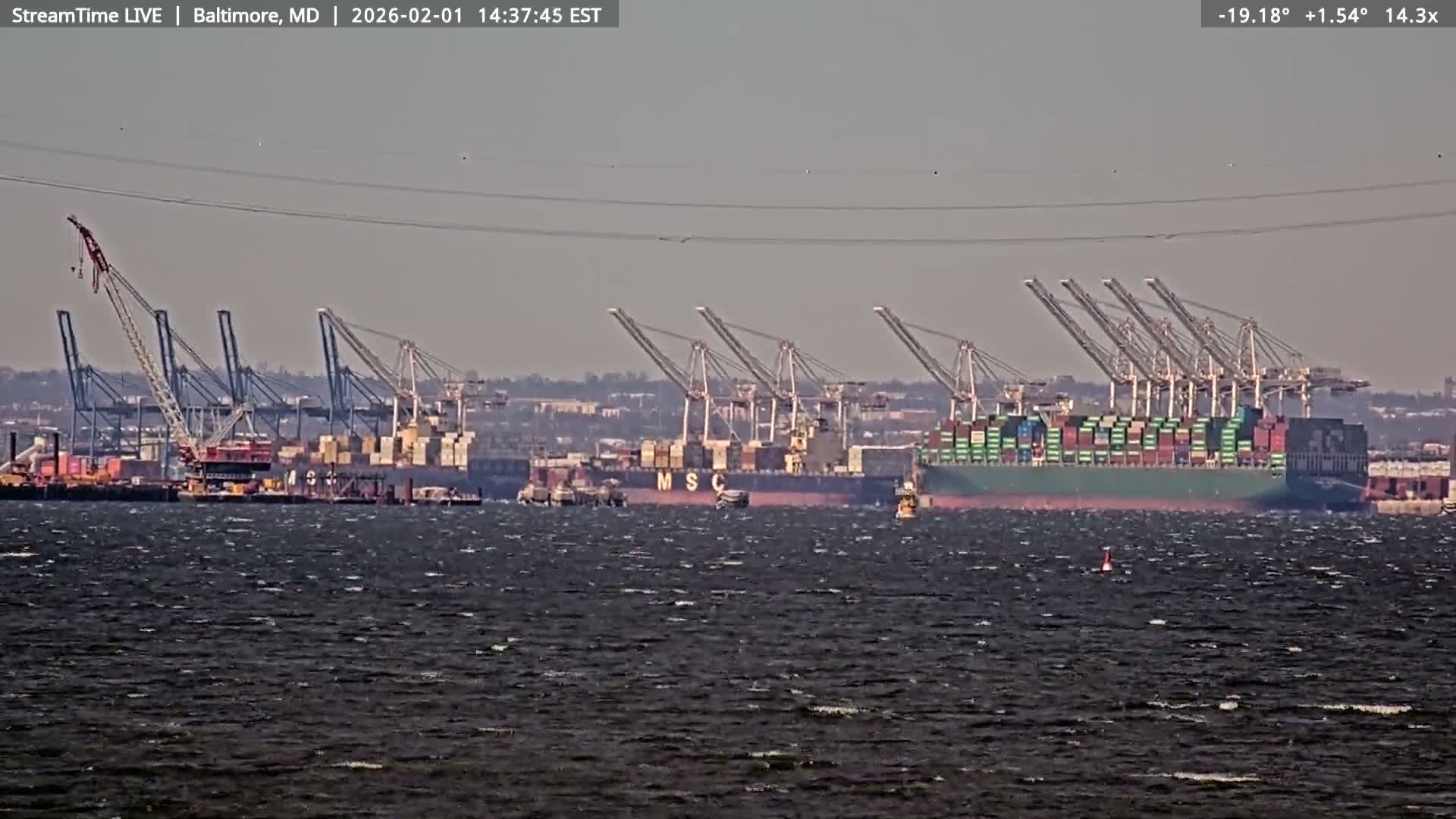 Baltimore Silhouette & Brandon Shores Power Plant Pier  from Fort Smallwood Park Live Cam - Pasadena, Anne Arundel, Maryland, USA