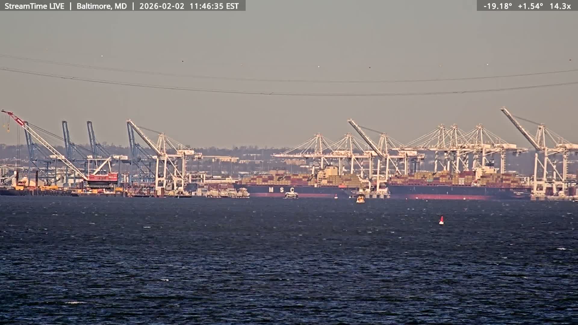 Baltimore Silhouette & Brandon Shores Power Plant Pier  from Fort Smallwood Park Live Cam - Pasadena, Anne Arundel, Maryland, USA