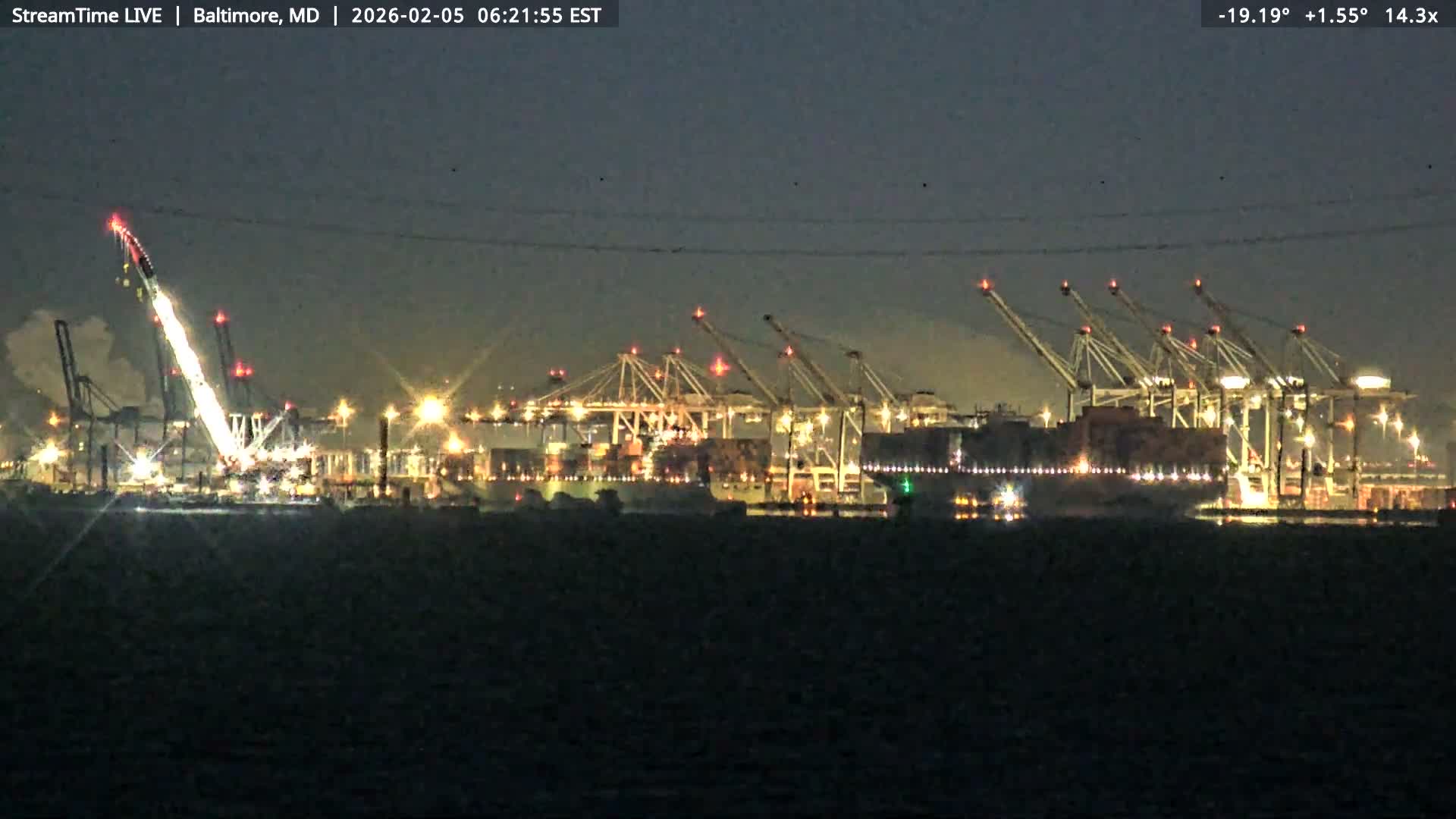 Baltimore Silhouette & Brandon Shores Power Plant Pier  from Fort Smallwood Park Live Cam - Pasadena, Anne Arundel, Maryland, USA