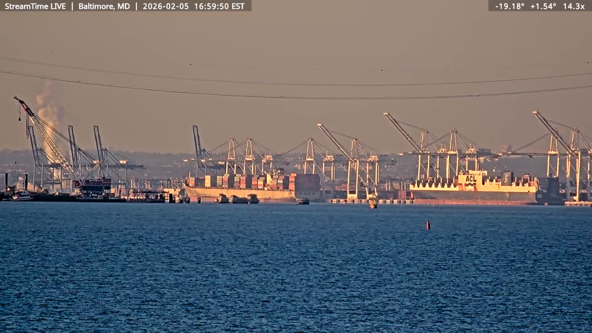 Baltimore Silhouette & Brandon Shores Power Plant Pier  from Fort Smallwood Park Live Cam - Pasadena, Anne Arundel, Maryland, USA