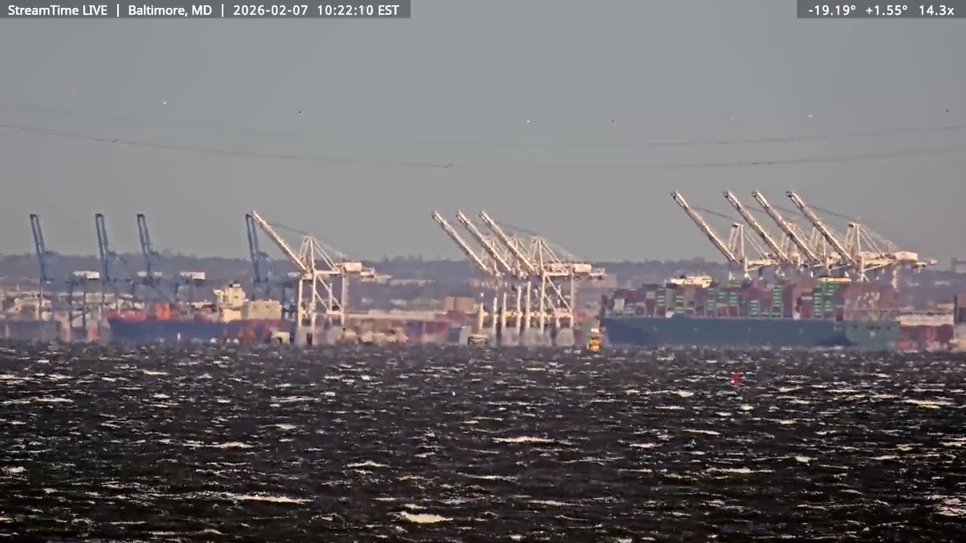Baltimore Silhouette & Brandon Shores Power Plant Pier  from Fort Smallwood Park Live Cam - Pasadena, Anne Arundel, Maryland, USA