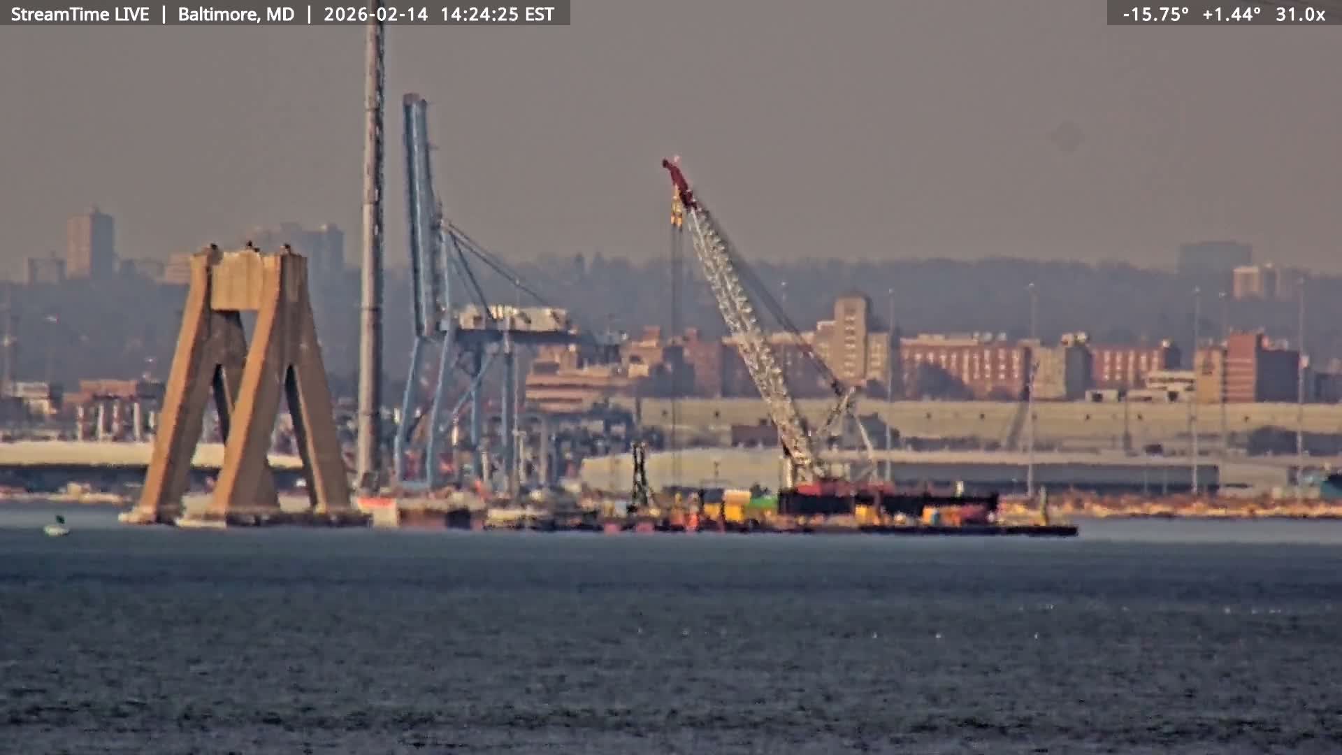 Baltimore Silhouette & Brandon Shores Power Plant Pier  from Fort Smallwood Park Live Cam - Pasadena, Anne Arundel, Maryland, USA