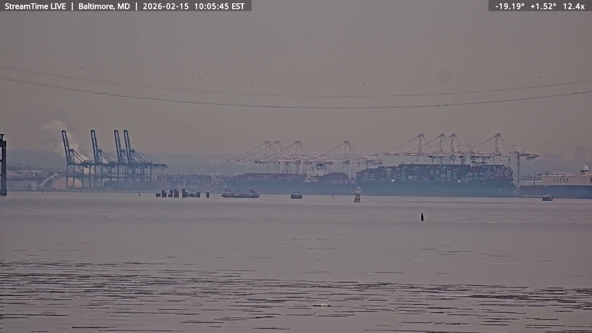 Baltimore Silhouette & Brandon Shores Power Plant Pier  from Fort Smallwood Park Live Cam - Pasadena, Anne Arundel, Maryland, USA