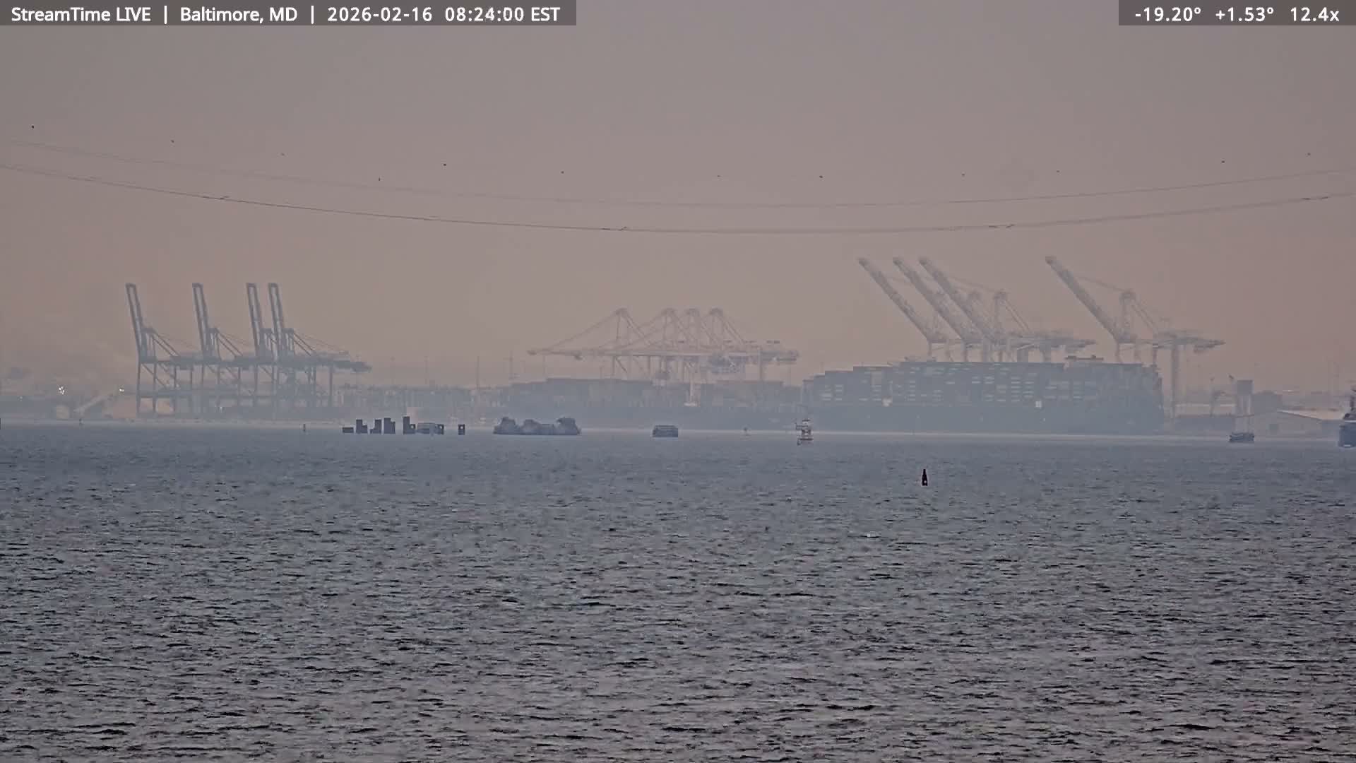 Baltimore Silhouette & Brandon Shores Power Plant Pier  from Fort Smallwood Park Live Cam - Pasadena, Anne Arundel, Maryland, USA