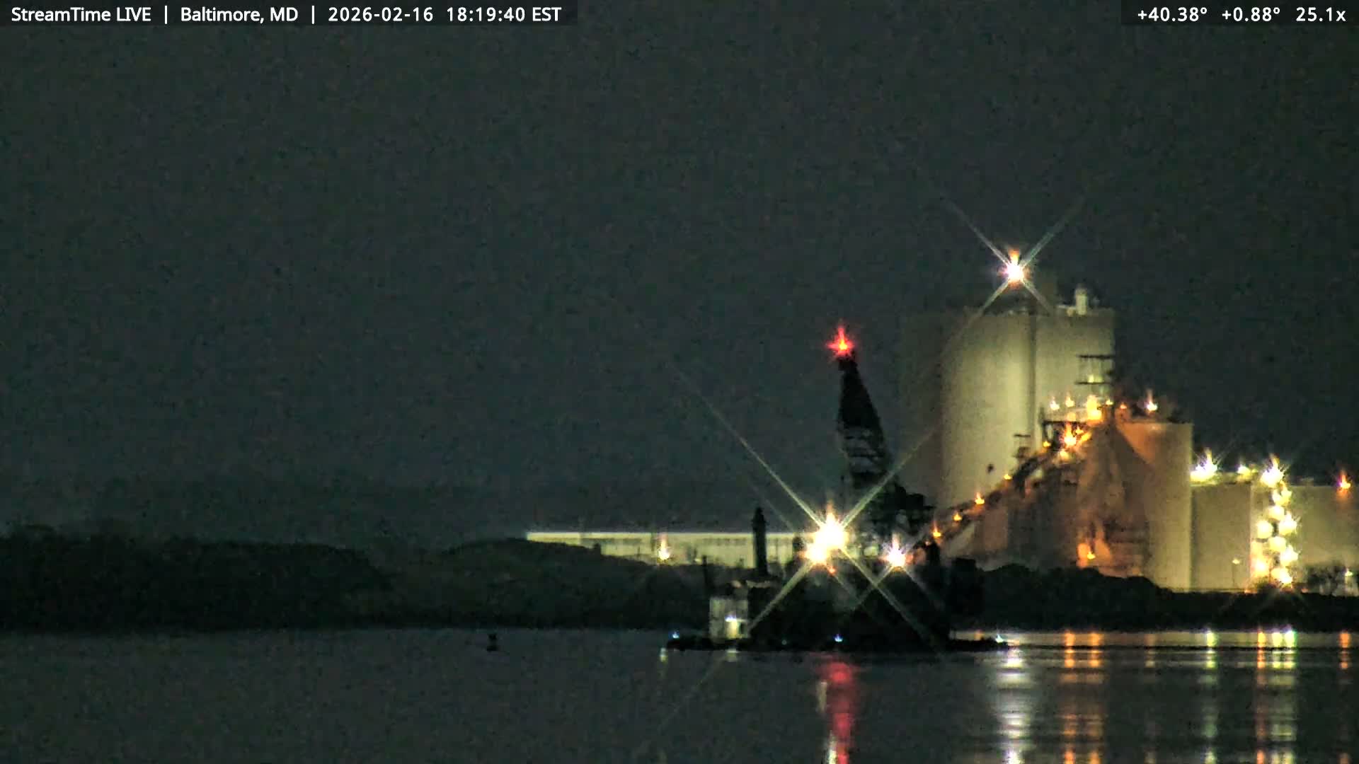 Baltimore Silhouette & Brandon Shores Power Plant Pier  from Fort Smallwood Park Live Cam - Pasadena, Anne Arundel, Maryland, USA