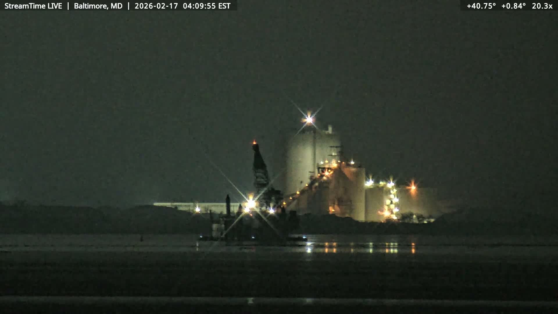 Baltimore Silhouette & Brandon Shores Power Plant Pier  from Fort Smallwood Park Live Cam - Pasadena, Anne Arundel, Maryland, USA