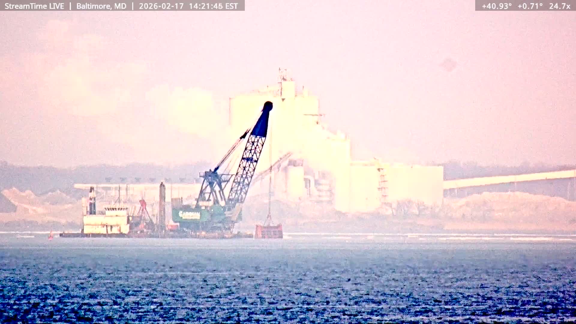Baltimore Silhouette & Brandon Shores Power Plant Pier  from Fort Smallwood Park Live Cam - Pasadena, Anne Arundel, Maryland, USA