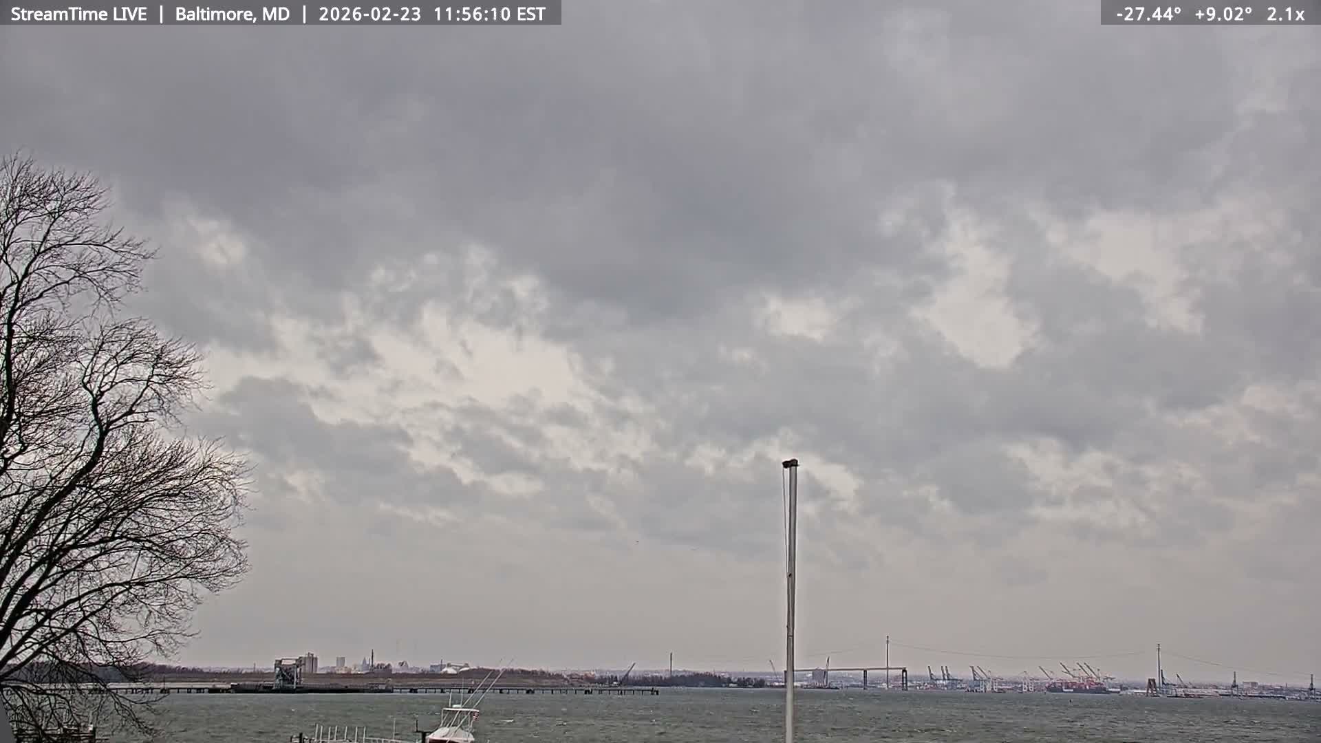 Baltimore Silhouette & Brandon Shores Power Plant Pier  from Fort Smallwood Park Live Cam - Pasadena, Anne Arundel, Maryland, USA