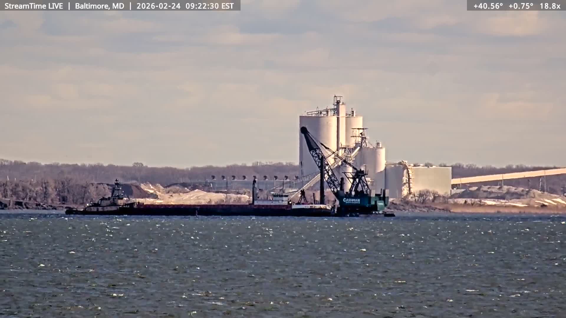 Baltimore Silhouette & Brandon Shores Power Plant Pier  from Fort Smallwood Park Live Cam - Pasadena, Anne Arundel, Maryland, USA