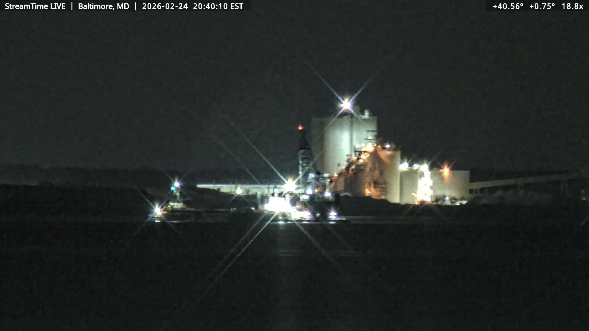 Baltimore Silhouette & Brandon Shores Power Plant Pier  from Fort Smallwood Park Live Cam - Pasadena, Anne Arundel, Maryland, USA