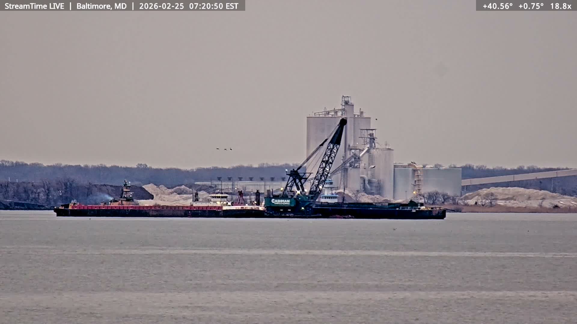 Baltimore Silhouette & Brandon Shores Power Plant Pier  from Fort Smallwood Park Live Cam - Pasadena, Anne Arundel, Maryland, USA