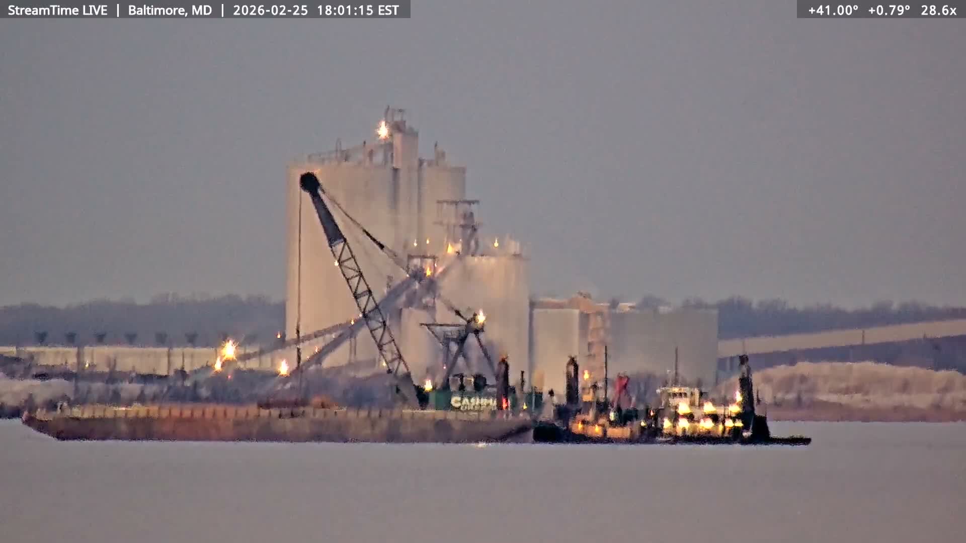 Baltimore Silhouette & Brandon Shores Power Plant Pier  from Fort Smallwood Park Live Cam - Pasadena, Anne Arundel, Maryland, USA