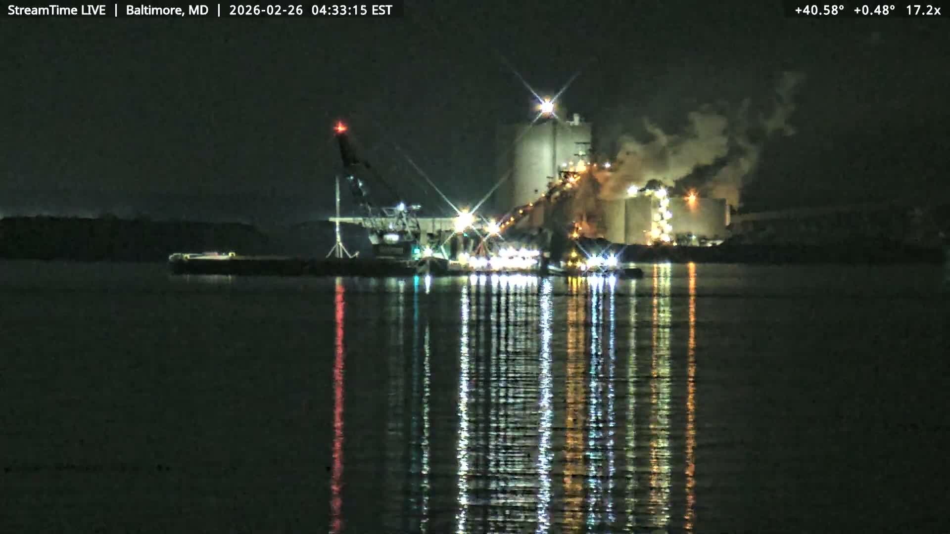 Baltimore Silhouette & Brandon Shores Power Plant Pier  from Fort Smallwood Park Live Cam - Pasadena, Anne Arundel, Maryland, USA