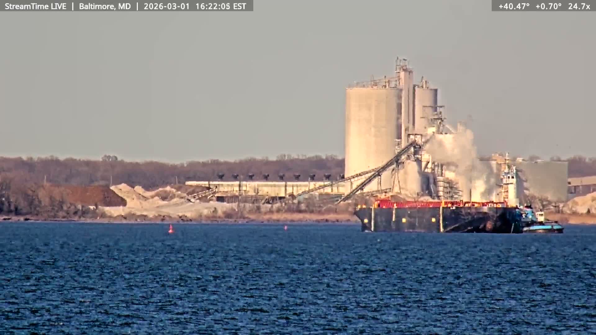 Baltimore Silhouette & Brandon Shores Power Plant Pier  from Fort Smallwood Park Live Cam - Pasadena, Anne Arundel, Maryland, USA