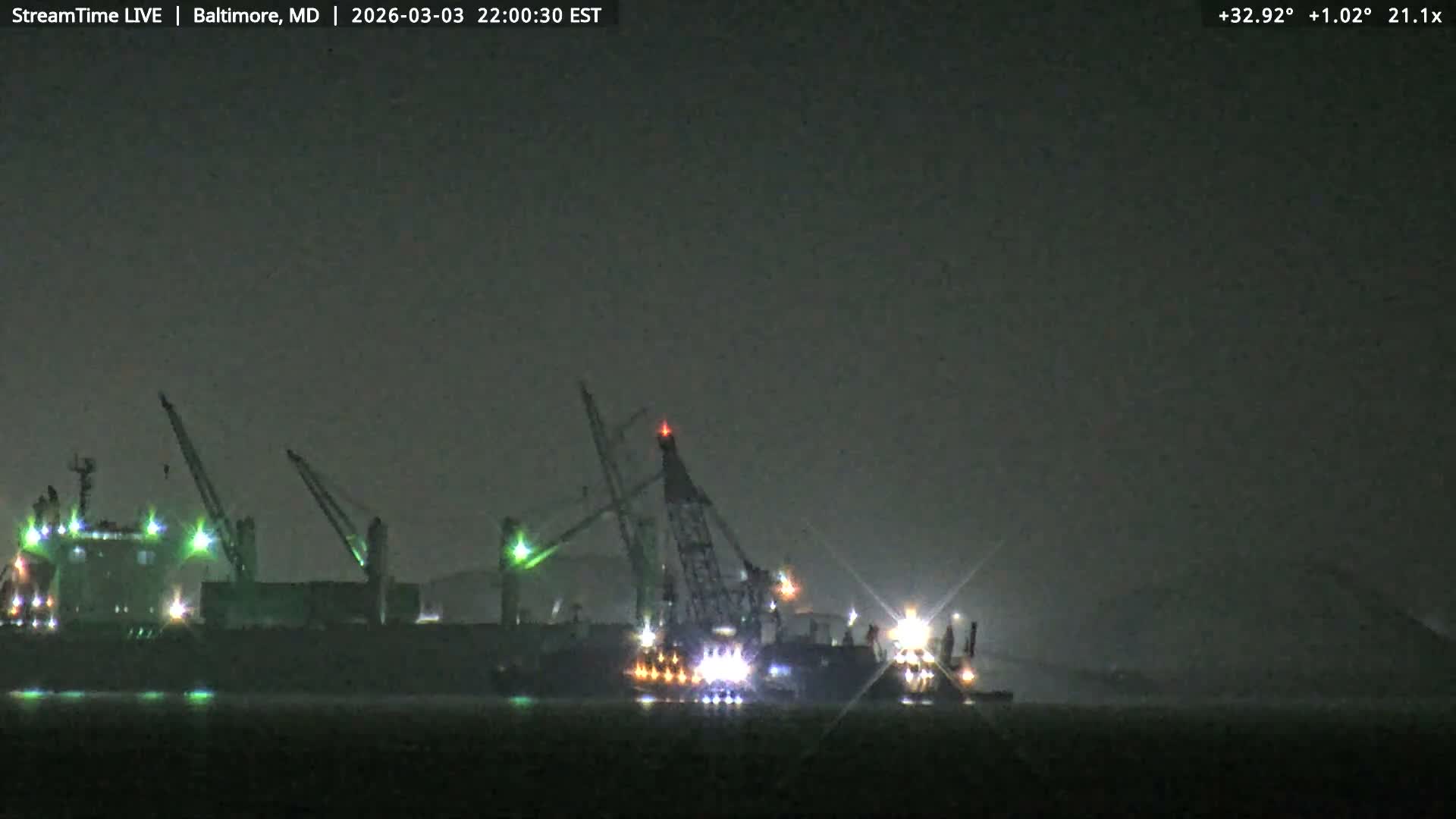 Baltimore Silhouette & Brandon Shores Power Plant Pier  from Fort Smallwood Park Live Cam - Pasadena, Anne Arundel, Maryland, USA