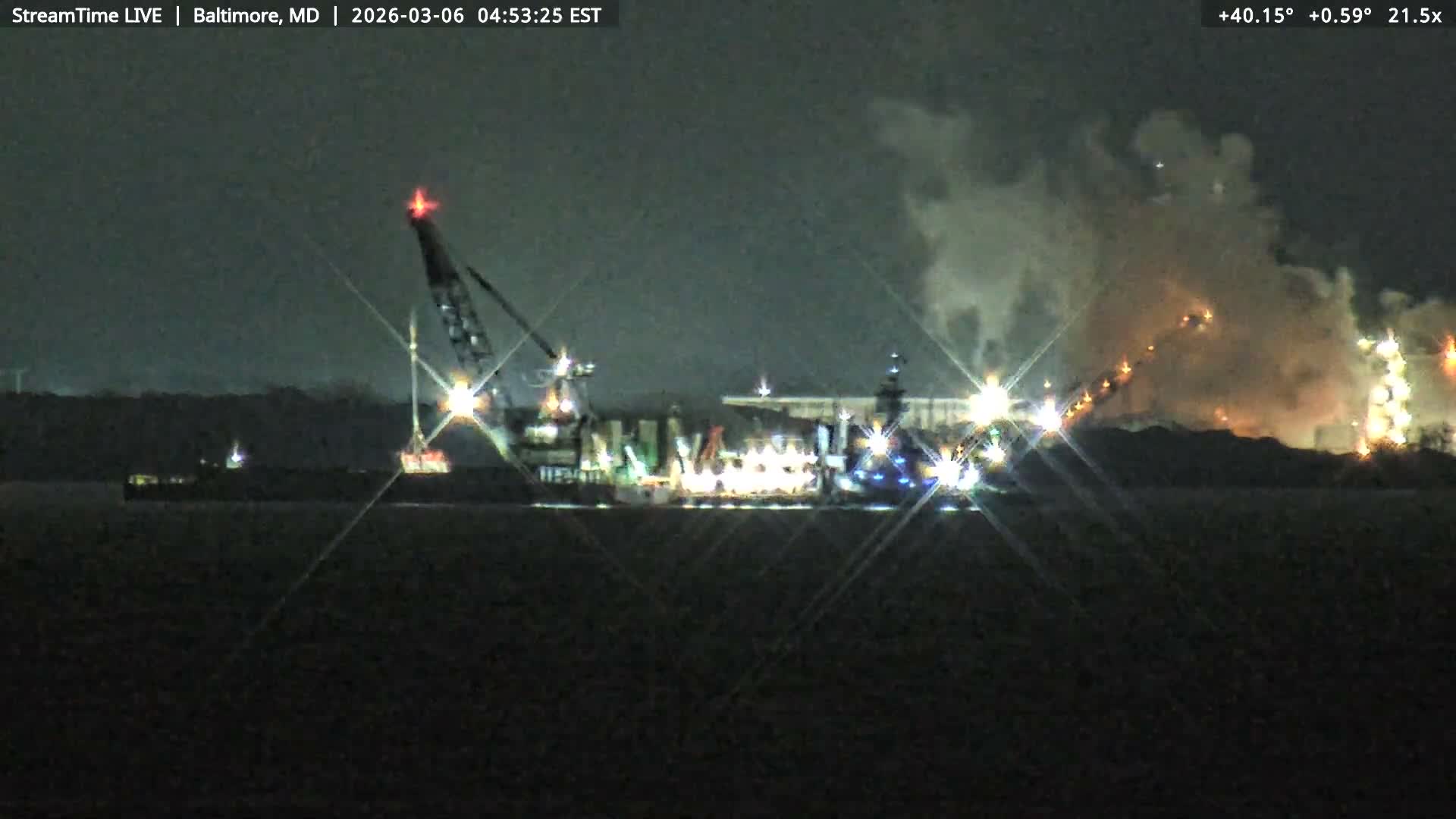 Baltimore Silhouette & Brandon Shores Power Plant Pier  from Fort Smallwood Park Live Cam - Pasadena, Anne Arundel, Maryland, USA