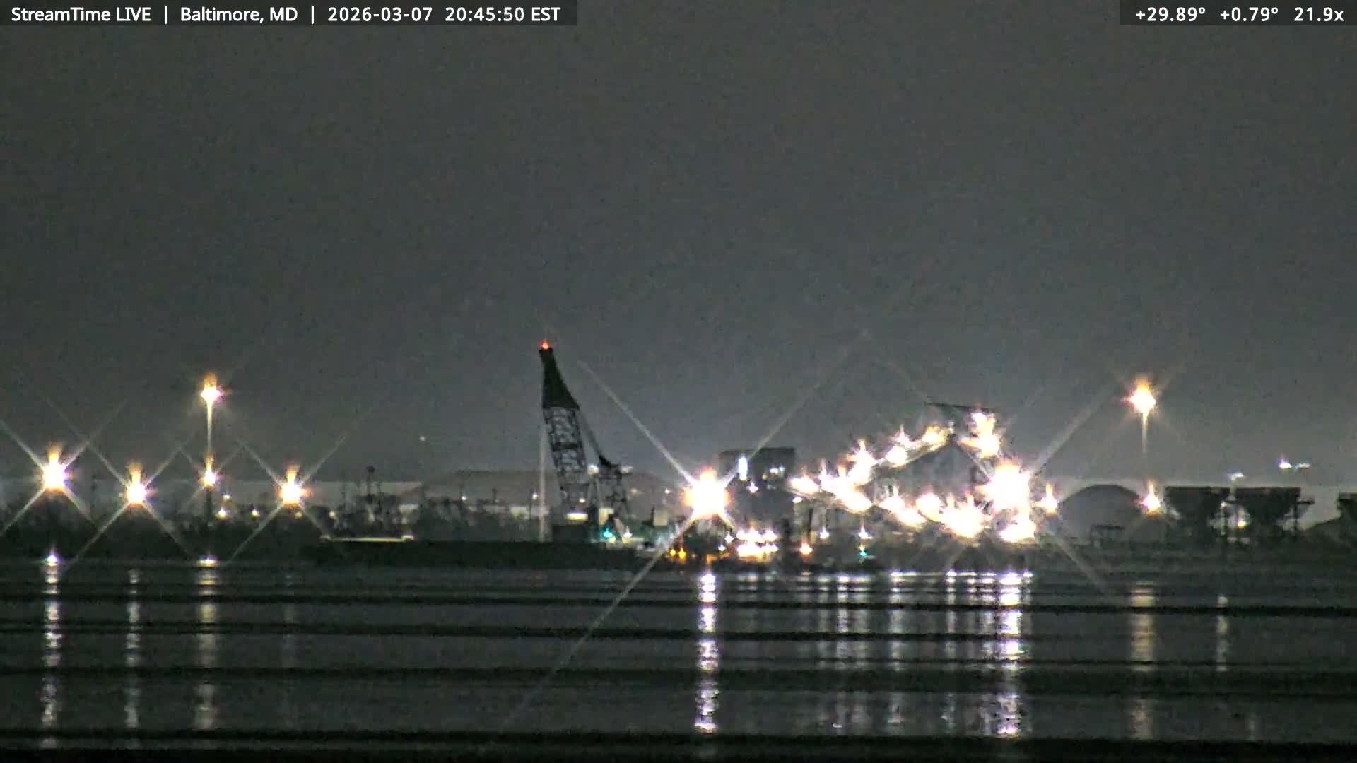 Baltimore Silhouette & Brandon Shores Power Plant Pier  from Fort Smallwood Park Live Cam - Pasadena, Anne Arundel, Maryland, USA