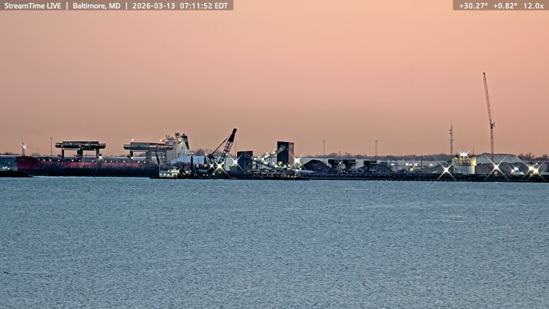 Baltimore Silhouette & Brandon Shores Power Plant Pier  from Fort Smallwood Park Live Cam - Pasadena, Anne Arundel, Maryland, USA