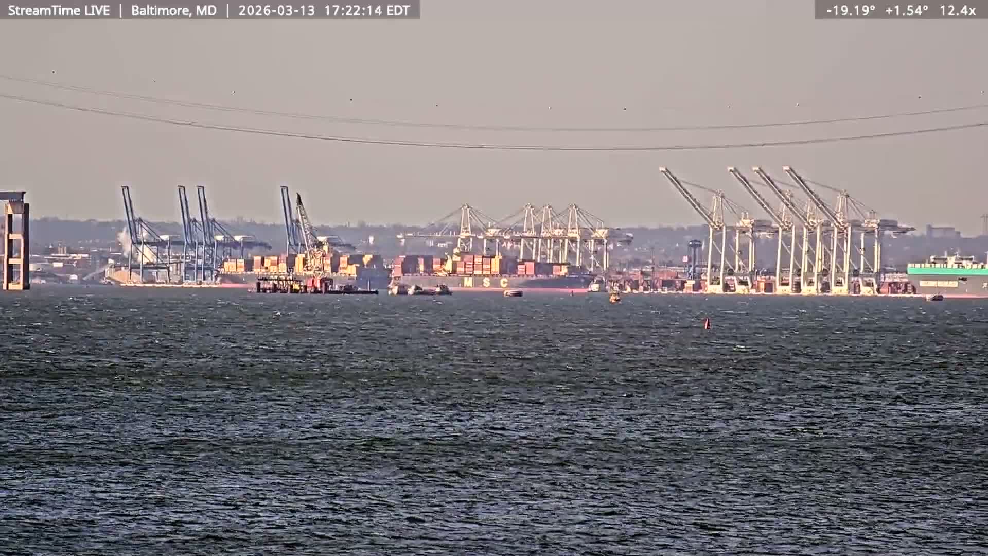 Baltimore Silhouette & Brandon Shores Power Plant Pier  from Fort Smallwood Park Live Cam - Pasadena, Anne Arundel, Maryland, USA
