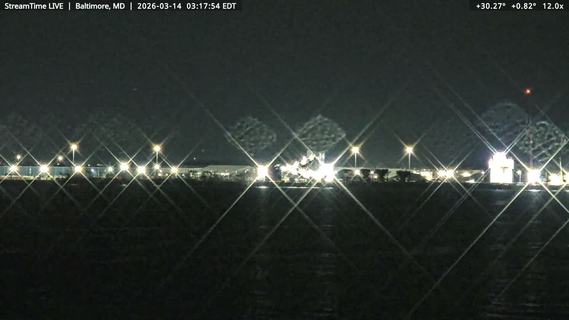 Baltimore Silhouette & Brandon Shores Power Plant Pier  from Fort Smallwood Park Live Cam - Pasadena, Anne Arundel, Maryland, USA