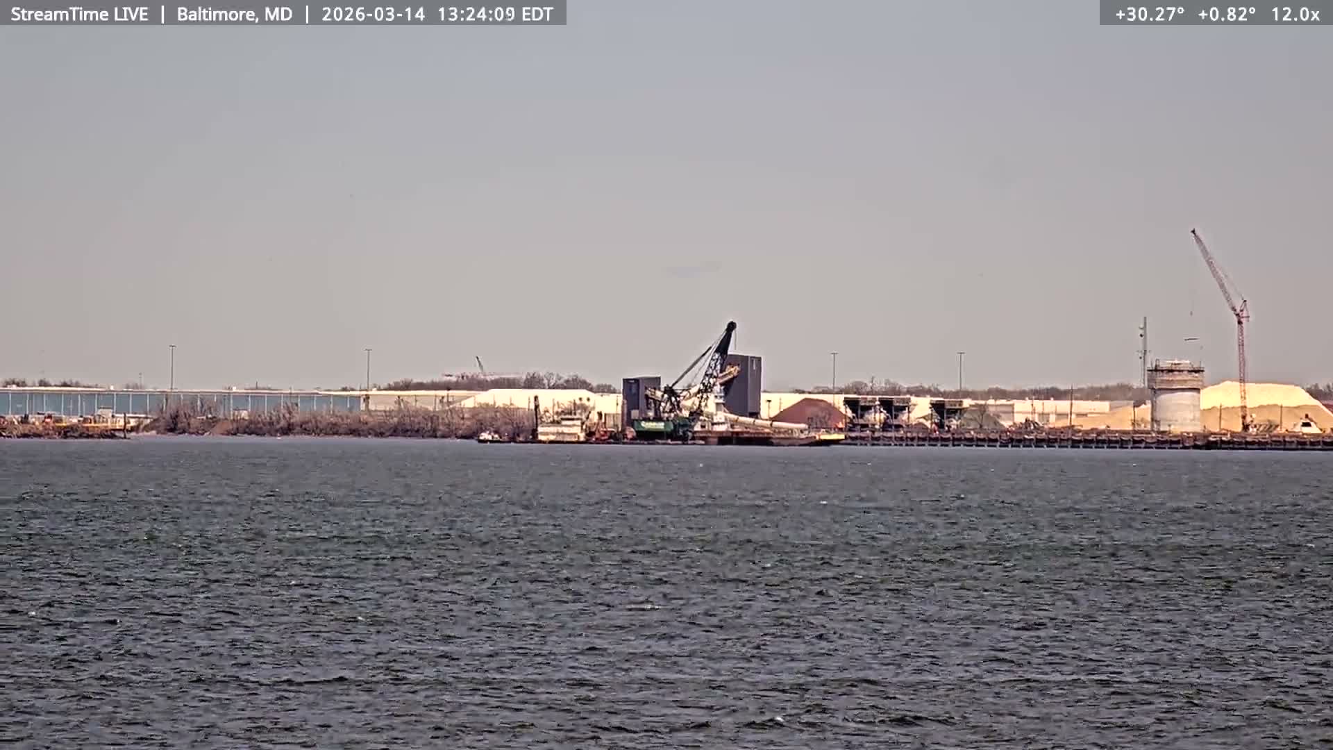 Baltimore Silhouette & Brandon Shores Power Plant Pier  from Fort Smallwood Park Live Cam - Pasadena, Anne Arundel, Maryland, USA