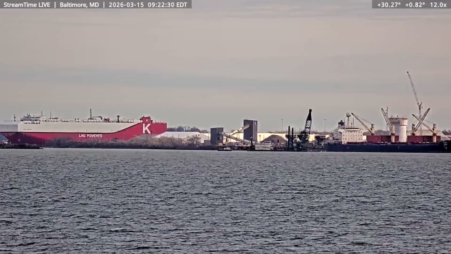 Baltimore Silhouette & Brandon Shores Power Plant Pier  from Fort Smallwood Park Live Cam - Pasadena, Anne Arundel, Maryland, USA