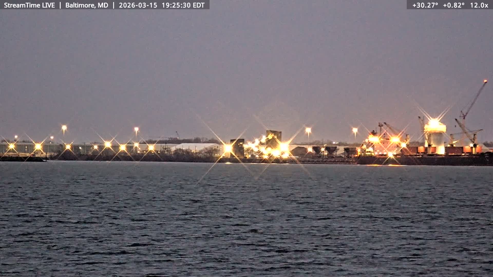 Baltimore Silhouette & Brandon Shores Power Plant Pier  from Fort Smallwood Park Live Cam - Pasadena, Anne Arundel, Maryland, USA