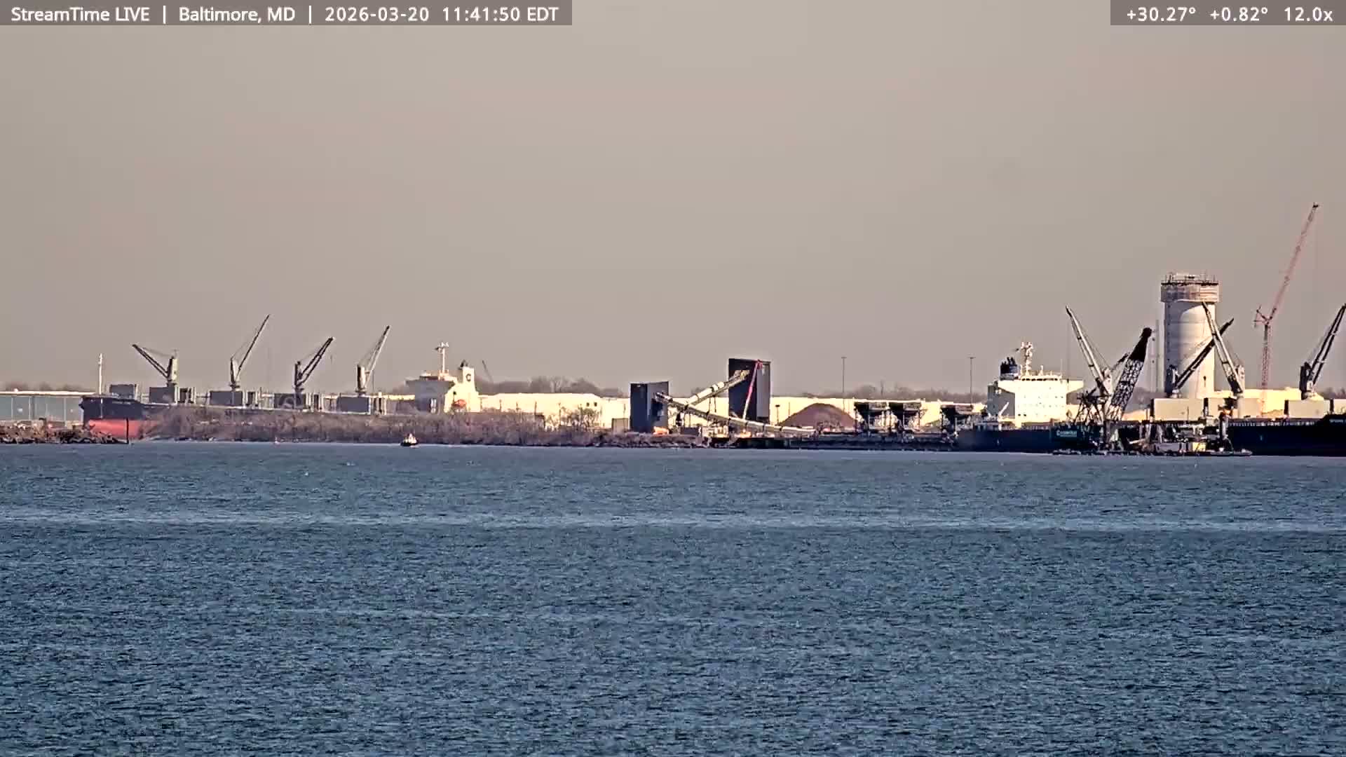 Baltimore Silhouette & Brandon Shores Power Plant Pier  from Fort Smallwood Park Live Cam - Pasadena, Anne Arundel, Maryland, USA