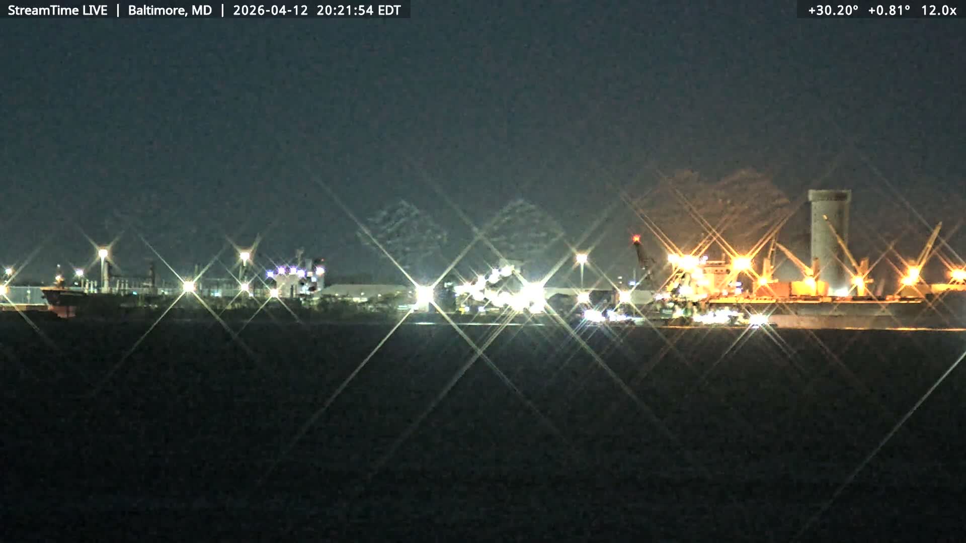 Baltimore Silhouette & Brandon Shores Power Plant Pier  from Fort Smallwood Park Live Cam - Pasadena, Anne Arundel, Maryland, USA