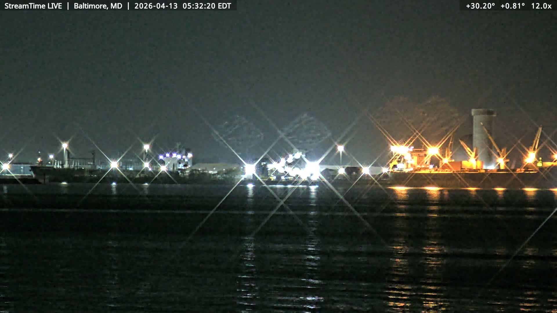 A clear night view shows a dark waterfront with reflections of numerous bright city or industrial lights across the horizon, punctuated by several red beacons in the sky.