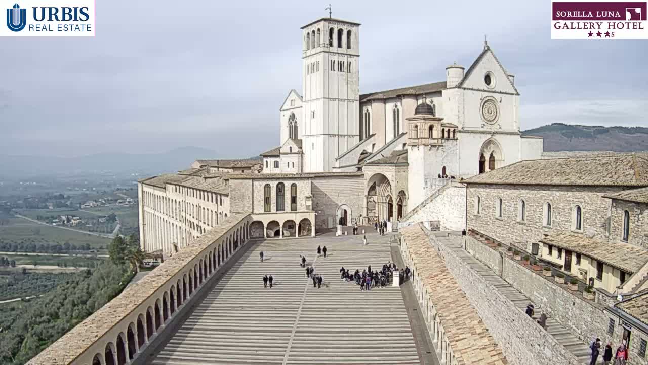 A large, light-colored basilica and surrounding buildings are viewed from above on a partly cloudy day, with a plaza in the foreground containing a few people.