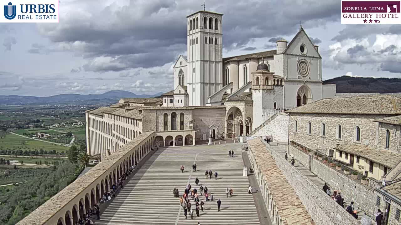 A large stone basilica and its surrounding buildings are viewed from above on a cloudy day, with people walking in the plaza below.