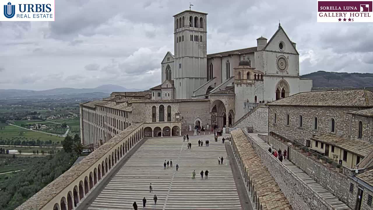 A large stone basilica and surrounding buildings are viewed from above on an overcast day, with a few people walking in the plaza below.